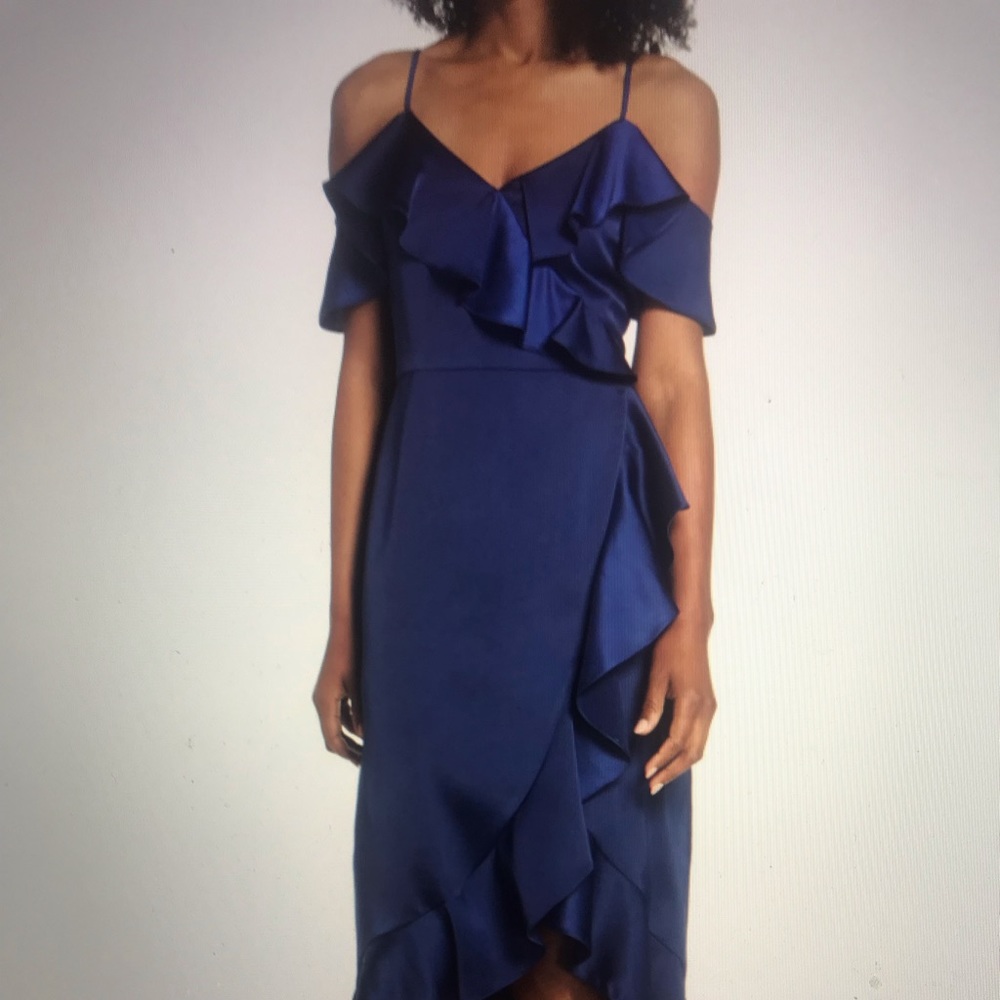 Maggy London satin wrap ruffle dress